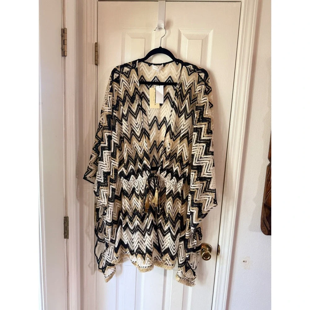 Ramy Brook Mckala Cover Up Dress Neutral Chevron Gold Metallic Knit Large NEW